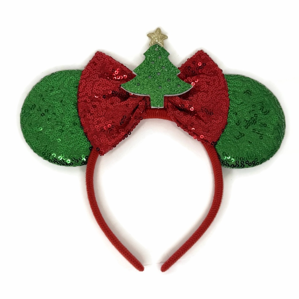 Green Sequin Holiday Mouse Ears Headband with Red Bow Christmas Tree